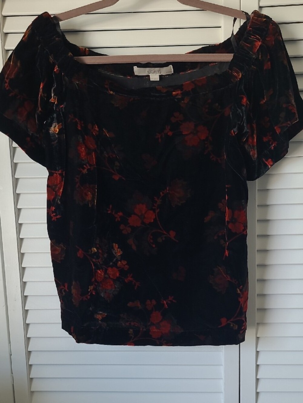 LOFT Black Velvet Floral Ruffle Sleeve Blouse